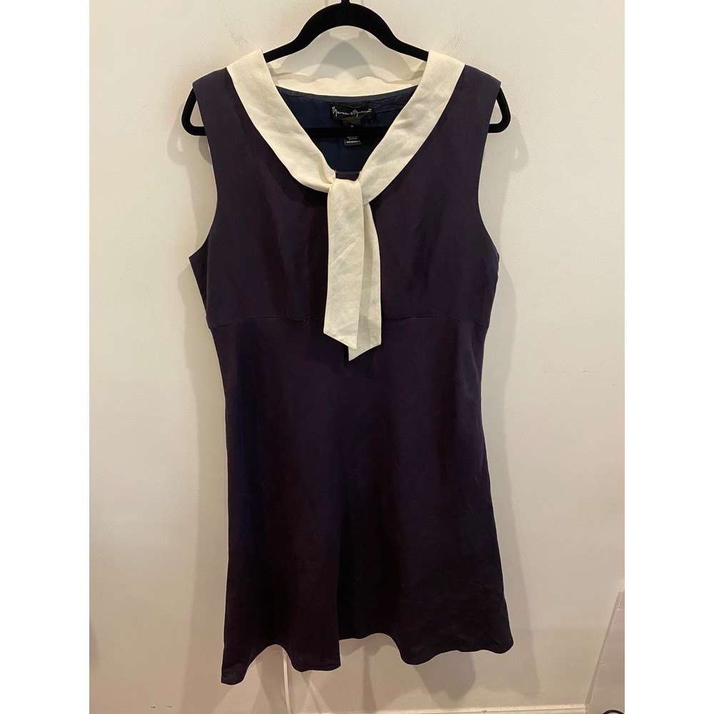 Mercer Madison Womens Sleeveless Navy Dress with Cream Tie Collar Size 16